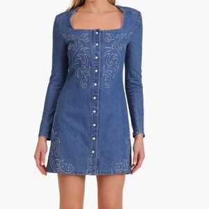 Avec Les Filles Western Embroidered Blue Long Sleeve Mini Dress NWT Size 6